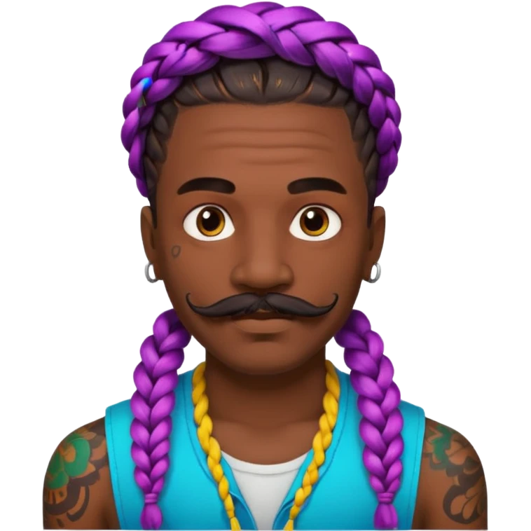 big lose braids starting from the top of the head man with mustache face wiith big visible braids and lots and lots of face tattoos colored tattoos like a tattoo artist hair unique color emoji