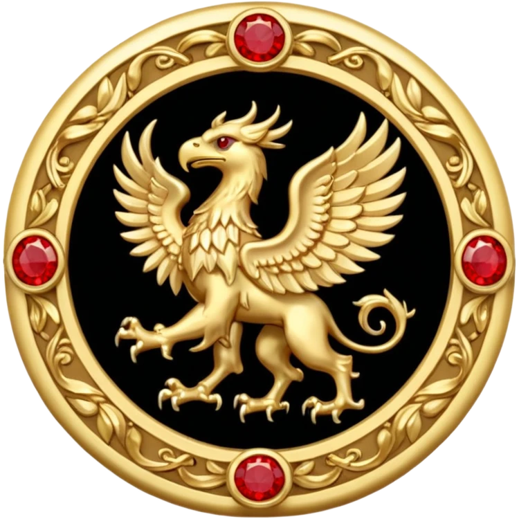 Golden griffin crest / brosch in a circle with red gems and no background emoji