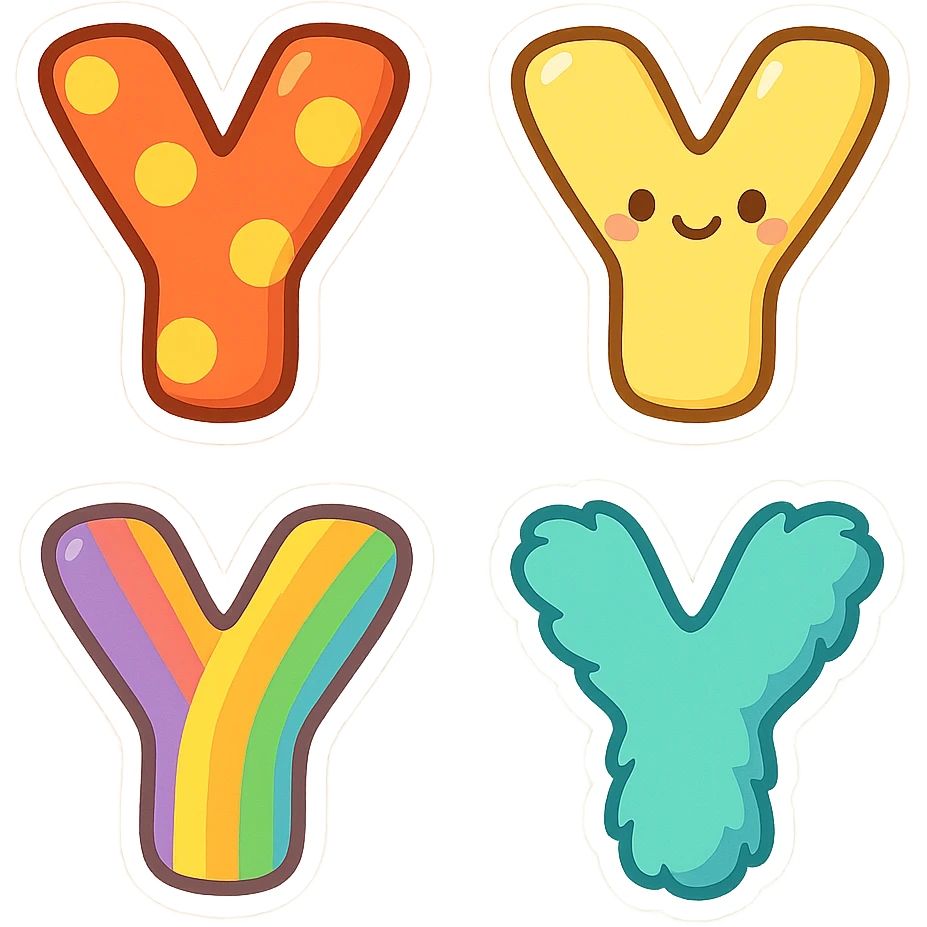 the letter Y in four distinct visual styles, colorful and playful emoji