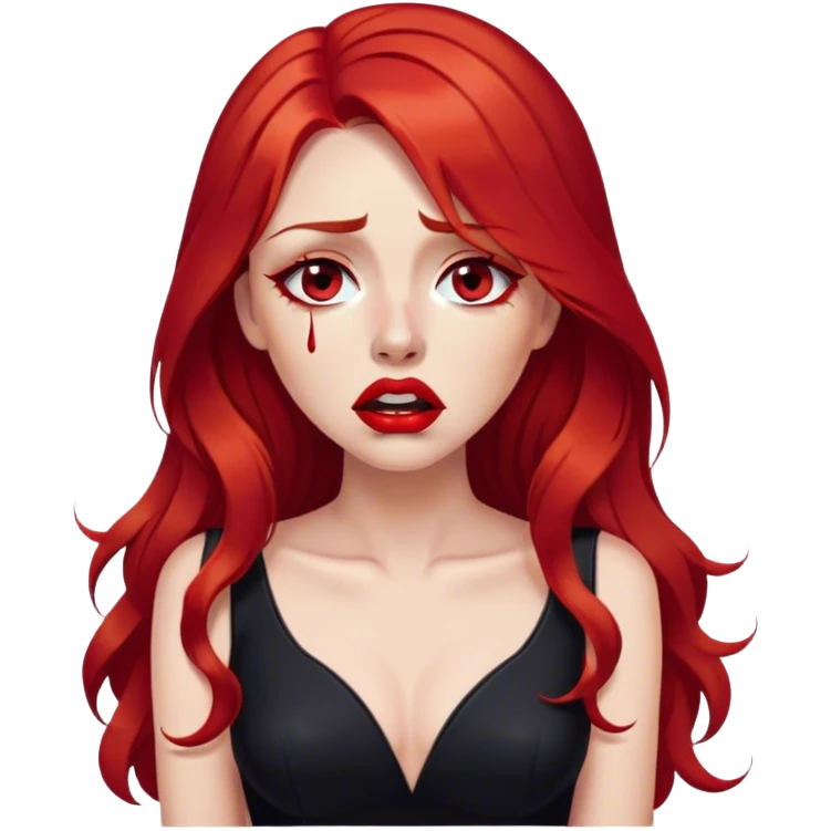 a crying woman with long red hair and red eyes. The woman wear a black little cutted dress. She have red lipstick and she have a seductive look. She cry tears emoji