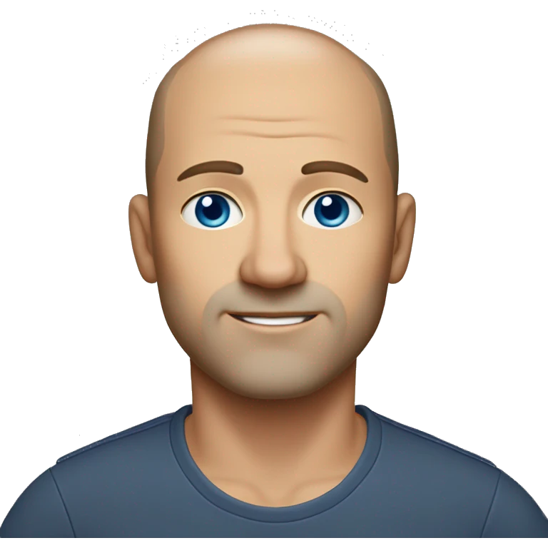 45-year-old man with a slightly round face, very short, almost shaved hair with a small central crest. He has blue eyes, subtle stubble. Only his head emoji