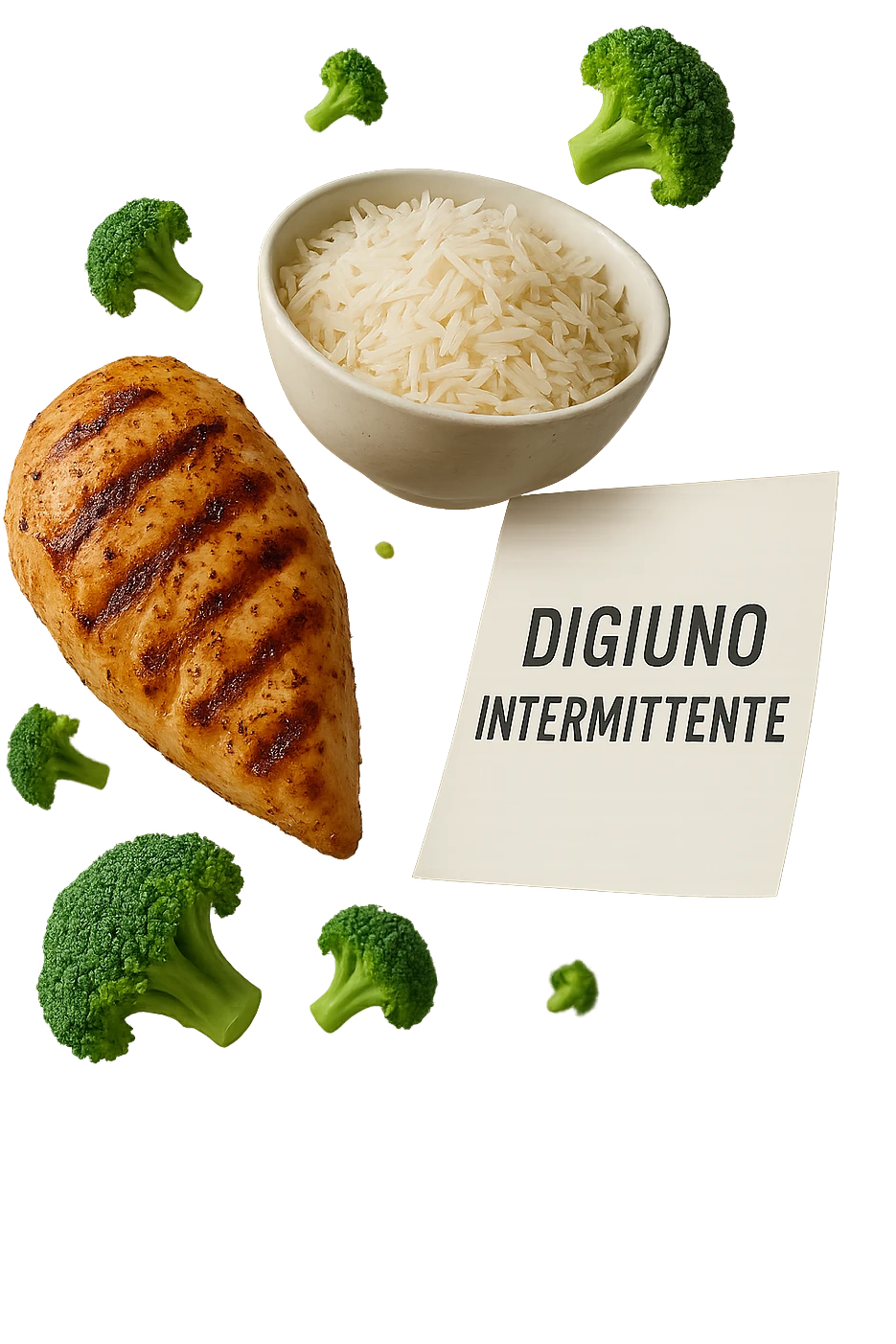 petto di pollo grigliato, bowl di riso basmati e broccoletti fluttuano in aria insieme ad un foglio con la scritta "DIGIUNO INTERMITTENTE", iperrealistico 4k emoji