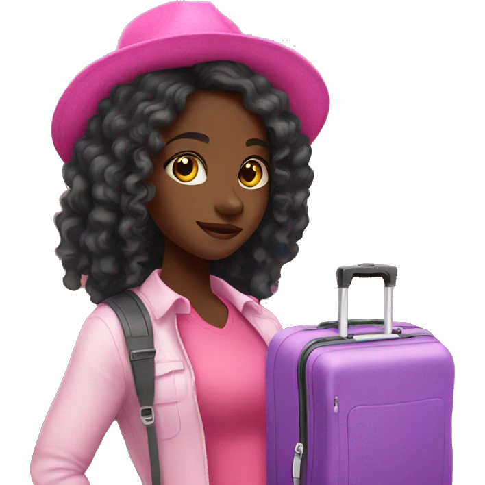 Black girl with long hair who loves to travel with pink luggage emoji