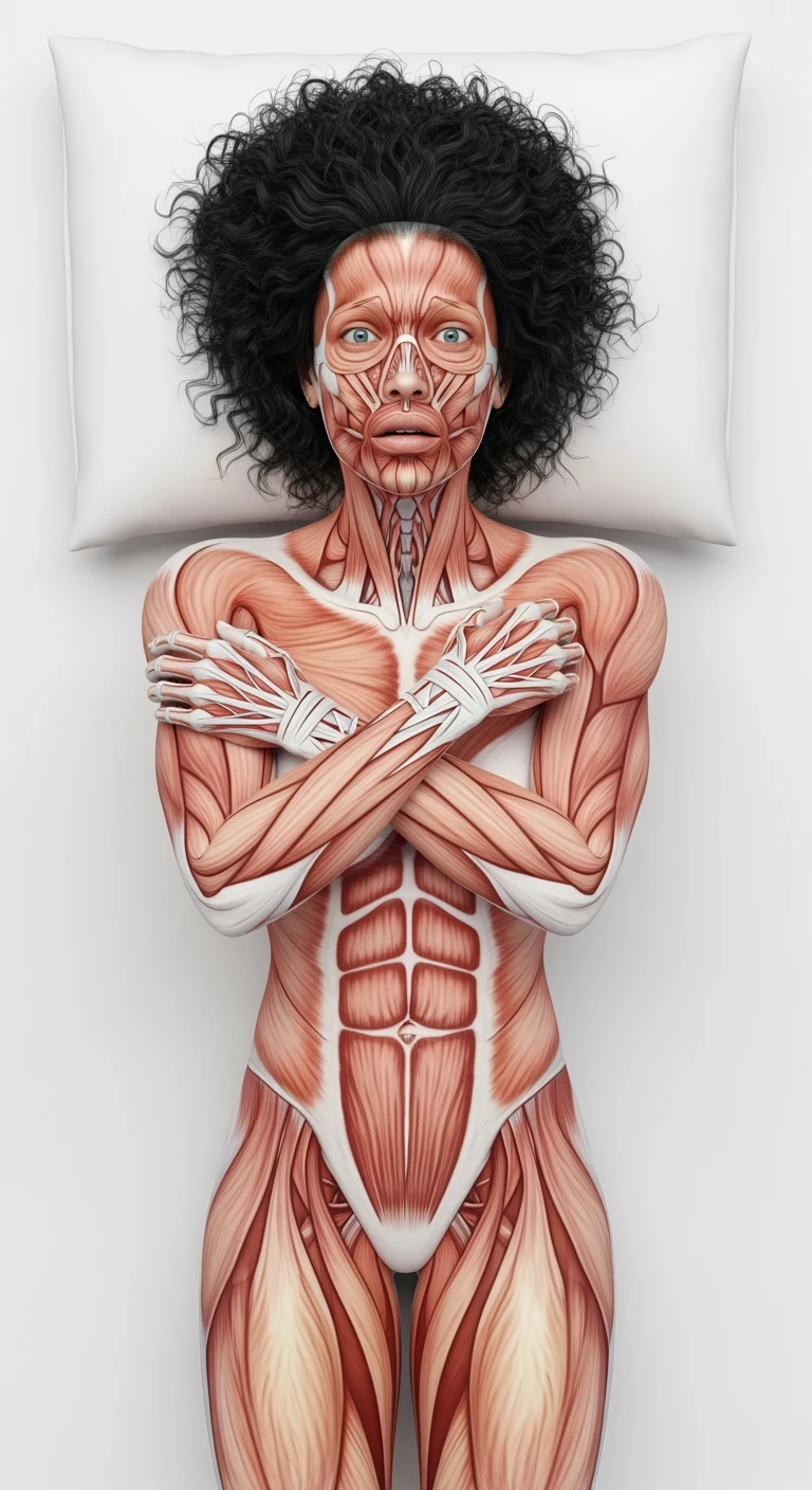 corpo umano anatomico realistico con la testa poggiata sul cuscino ma gli occhi aperti perché non riesce a dormire, visto dall'alto, sfondo bianco
IPERREALISTICO 4K emoji