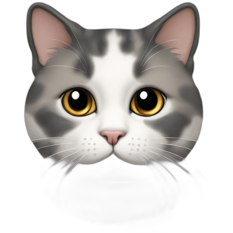 senior chubby diluted calico cat, white chin, black nose, grey ears, grey and white emoji