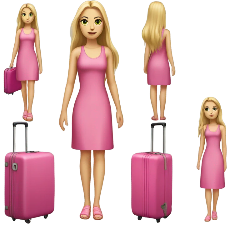 Realistic White girl with Long straight blonde hair and green eyes, tattoos, full body wearing pink dress, holding pink luggage emoji