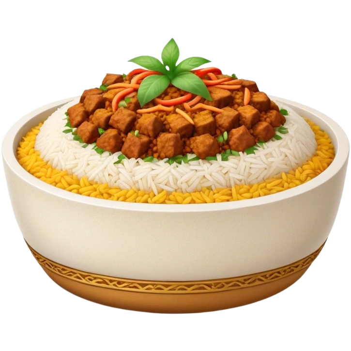 Cinematic Realistic Biryani Dish Emoji, depicted as aromatic basmati rice layered with spiced meat and herbs rendered with vibrant textures and warm, inviting lighting. emoji