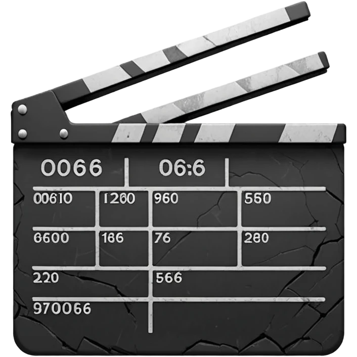 Minimalist emoji-style sticker of a cracked movie clapperboard with the date “06/06/66”, faint scorched marks, all in grayscale


 emoji