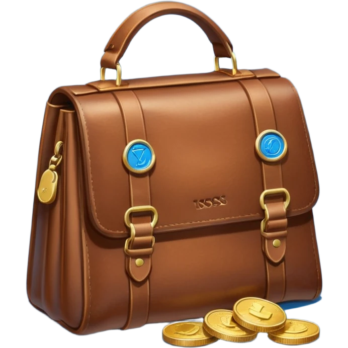 leather bag on top of blue coins stack emoji