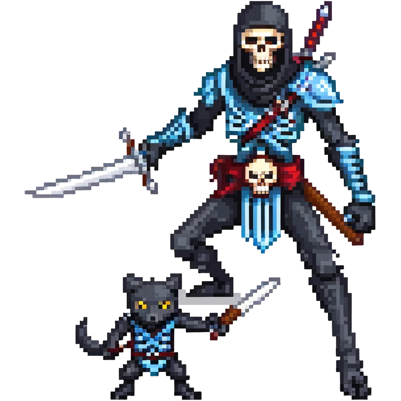 pixel art ninja skeleton wielding swords, accompanied by a fierce black wolf emoji