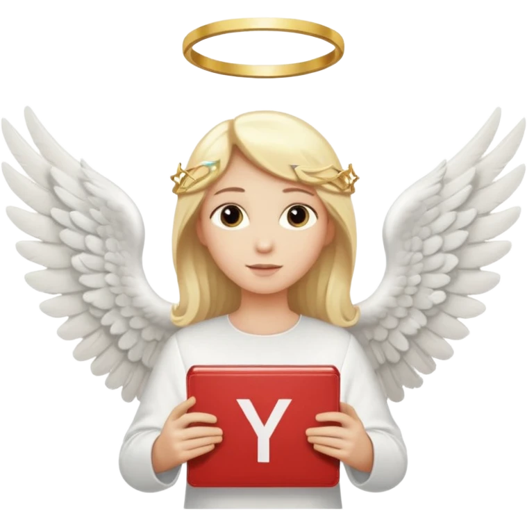 "An angel emoji with blonde hair, a halo, wings, holding a 'COMPARTILHAR' sign in bold letters." emoji