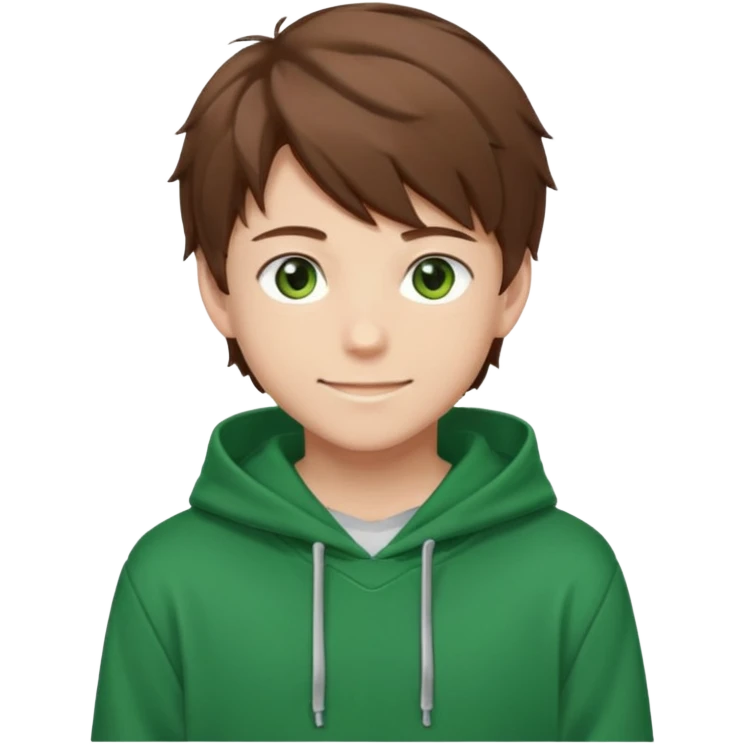the face of an Anime teen boy with brown hair, green eyes, looking smiling slightly sideways positioned. Face must be main filling of the emoji. A little piece of hoodie can be visible. 128px emoji