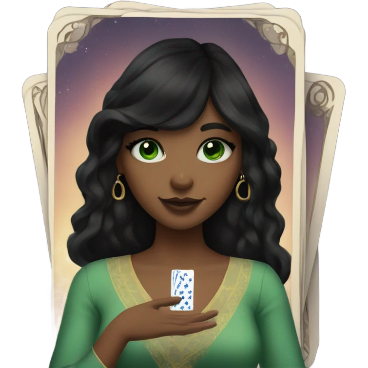 Girl with green eyes black hair and nose ring piercing with taro cards emoji