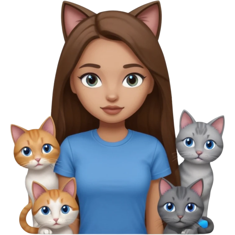 a pretty bratz dusky light skin girl with long brown hair, blue eyes with six cats nd wearing a grey tshirt emoji