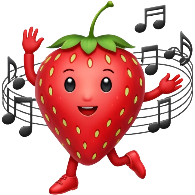 A Dancing strawberry with music notes around emoji