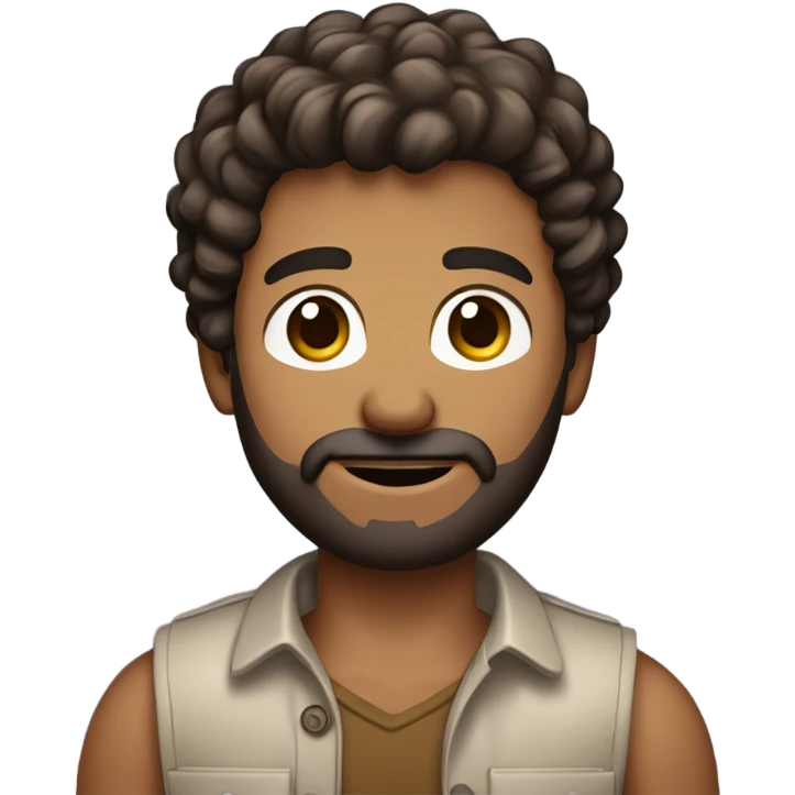 men holding his computer in hands. light brown skin men with curly dark brown hair, brown eyes, little grown beard. ust a tiny bit muscular. dressed casual. round face. emoji