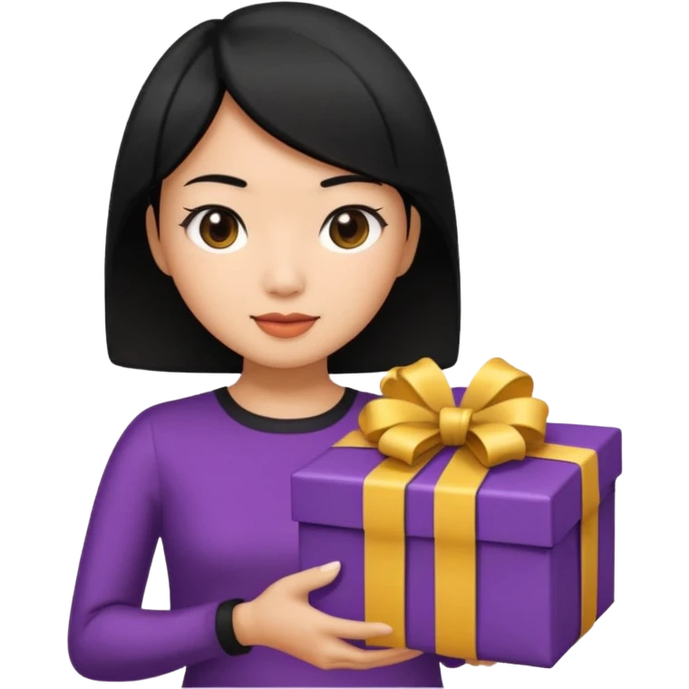 asian woman short hair tanned, holding with black present - emoji style emoji