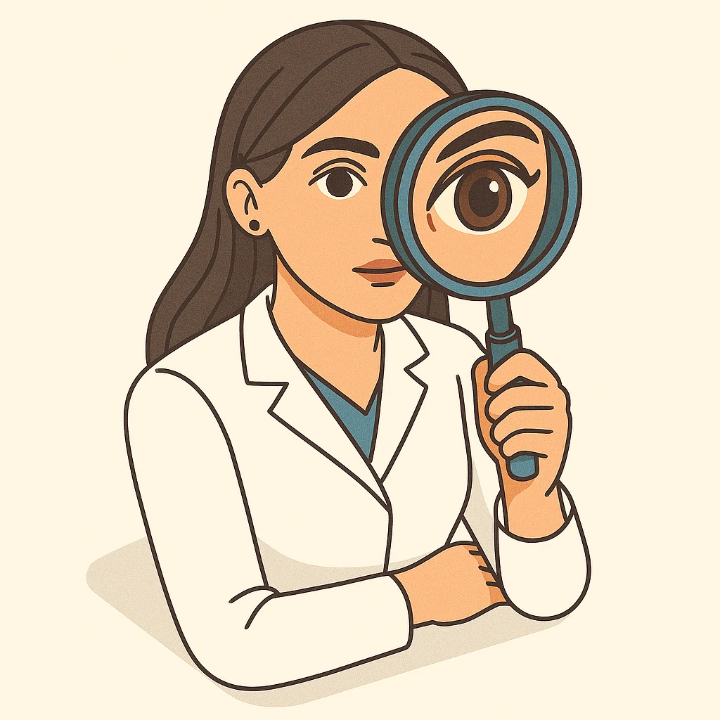 Front view of a female doctor with dark long straight hair and detailed brown eyes (not just dots), wearing a white coat, in 2D isometric style with a minimalist background. She is looking straight into the camera through a magnifying glass, both eyes visible, with one eye enlarged and distorted like a fisheye lens. Appearance matches the reference. emoji