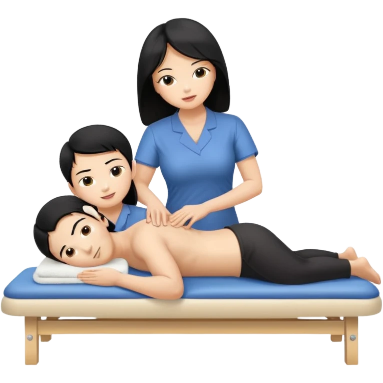 Extrenwly Large breasted asian woman with black hair woman gives a massage to a blonde boy on a massage table emoji