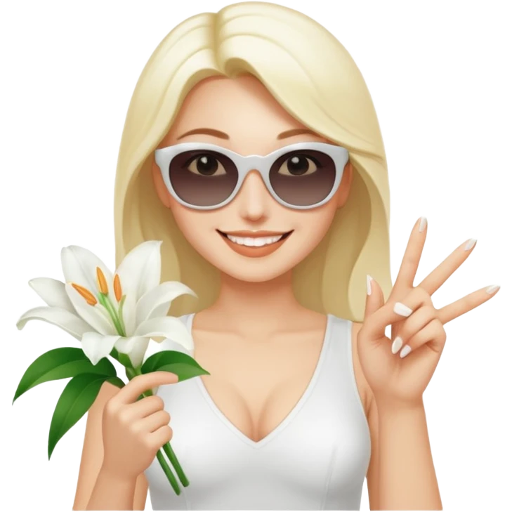 Professional sexy woman smiling holding lilies posing in shades  and flashing peace sign fingers emoji