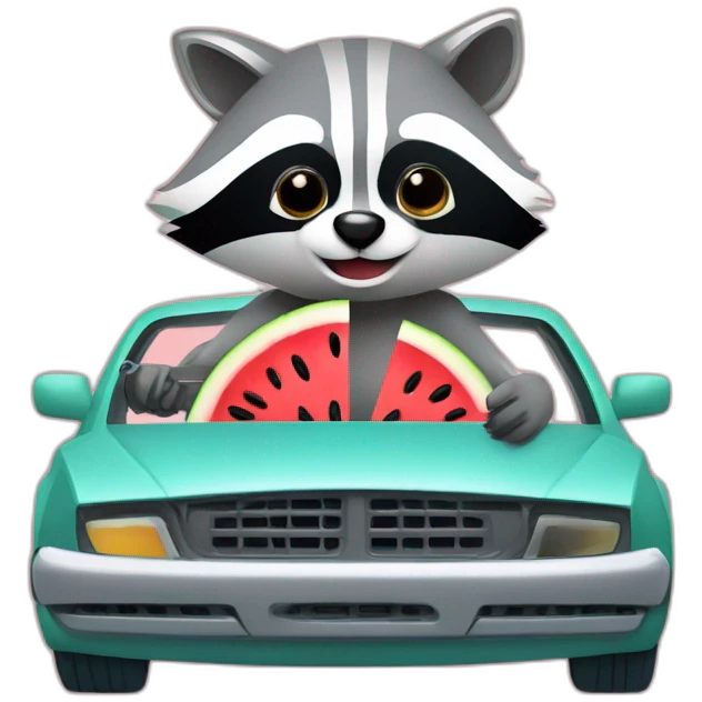 A raccoon with a watermelon behind the wheel of a car and a spanner emoji