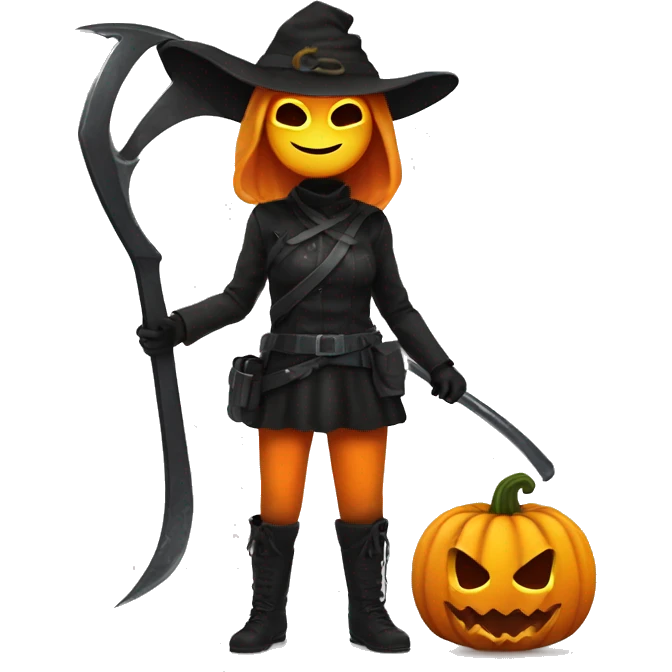 Human female pumpkin hunter with a scythe, glowing pumpkin eyes inside a black helmet, Halloween theme, emoji" emoji