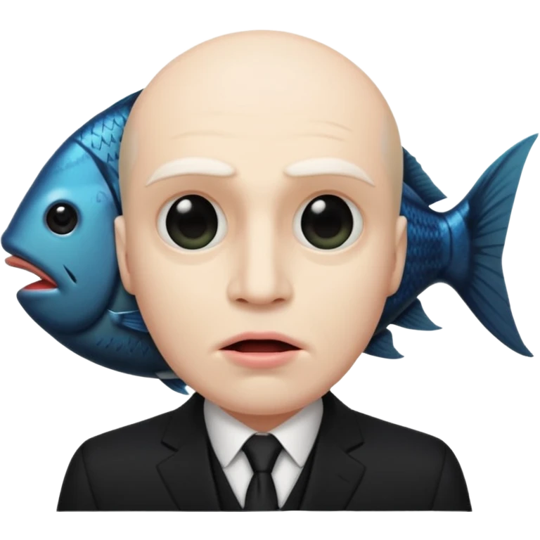 A man dressed in a black suit. His face is that of a fish — therefore, he has no human face. The fish’s face is positioned vertically, meaning its mouth is facing upward. emoji