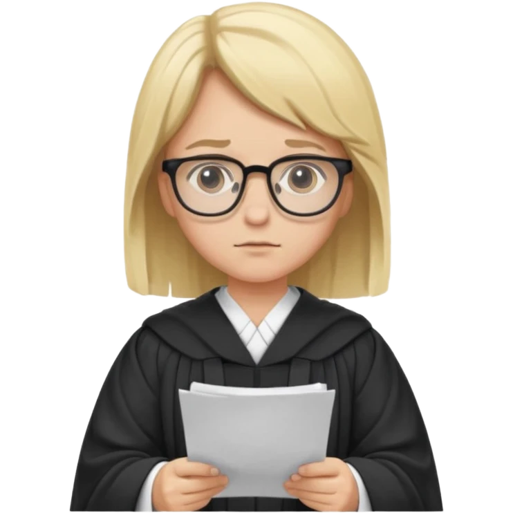 Young judge, blonde hair with glasses and robe, hold a paper emoji