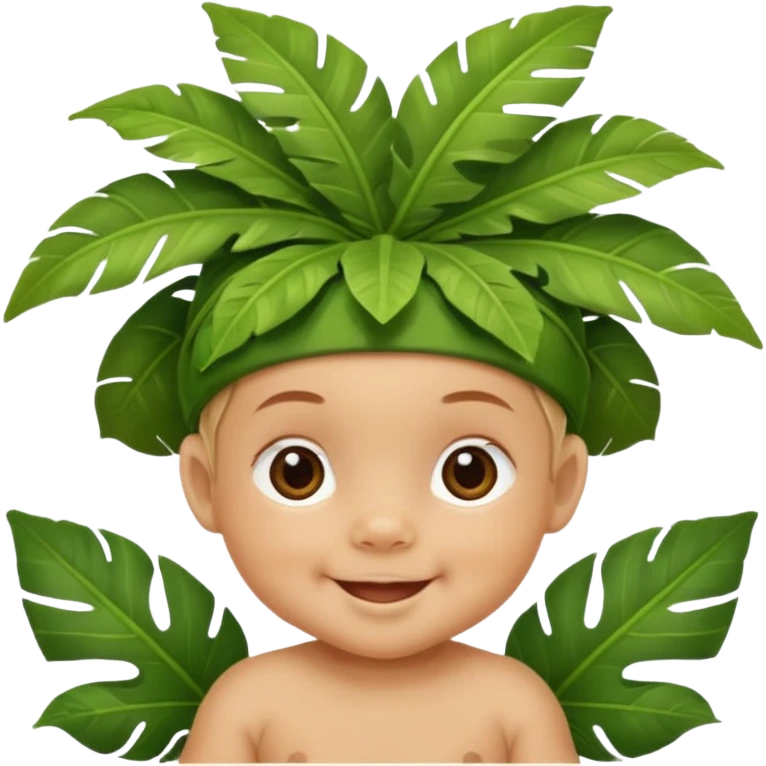 a baby with jungle wearing a large leaf headgear bye  emoji