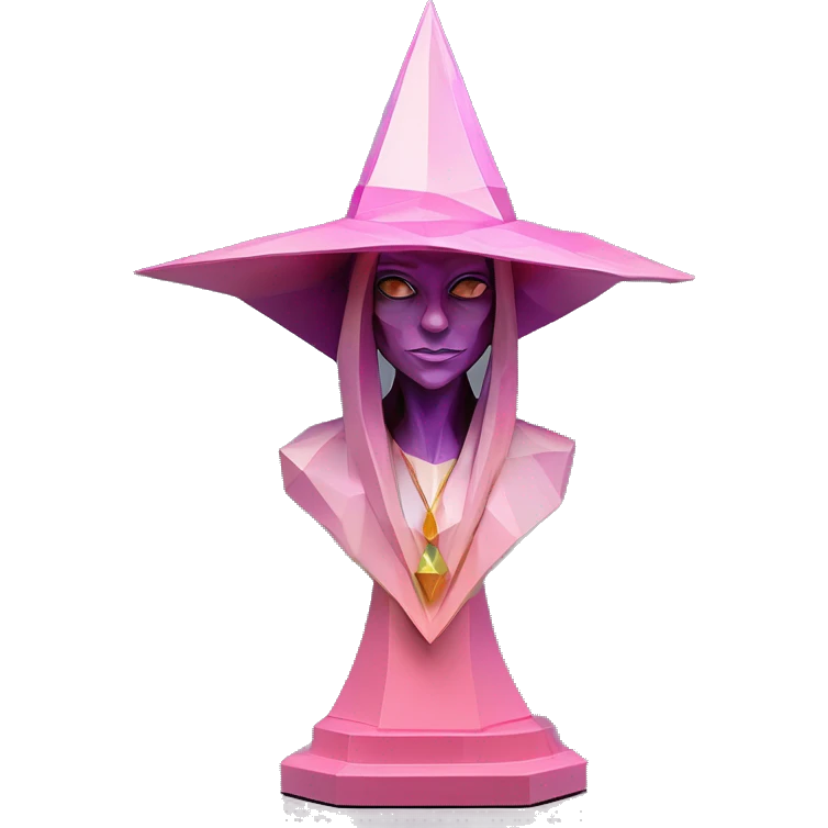 standalone sculpture Mage Witch Hat is geometric, faceted design. The sculpture is standing upright on a base with angular and Alphonse Mucha style. The vibrant midtone tints of pastels and pink highlights the sharp edges and planes.  emoji