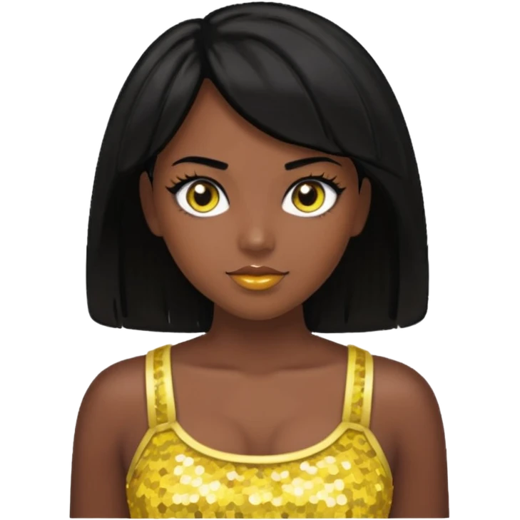 Christie from Barbie & Friends with brown eyes, black hair, yellow sequin crop top, dark skin emoji