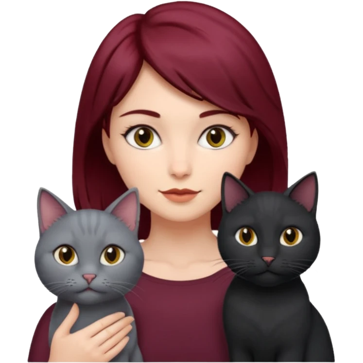 femme au cheveux court bordeau avec chat poils longs gris et chat poils ras noirs emoji