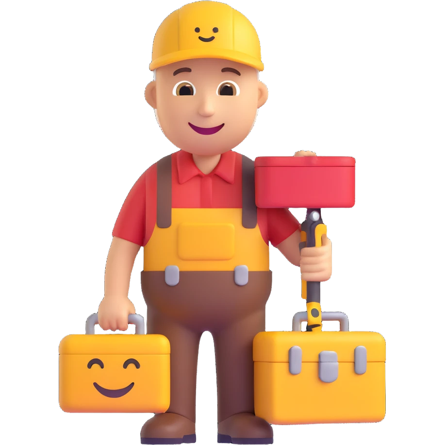 3D smiley emoji, round shape, grandfather with a toolbox, brown color, smiling face emoji