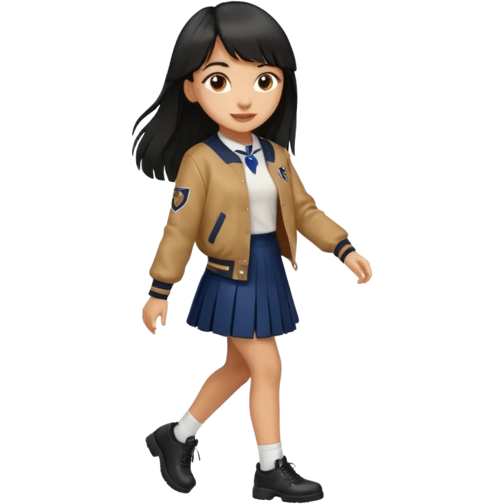 black color long hair with fringe, light skin long hair girl with brown varsity jacket,  navy long skirt walking

 emoji