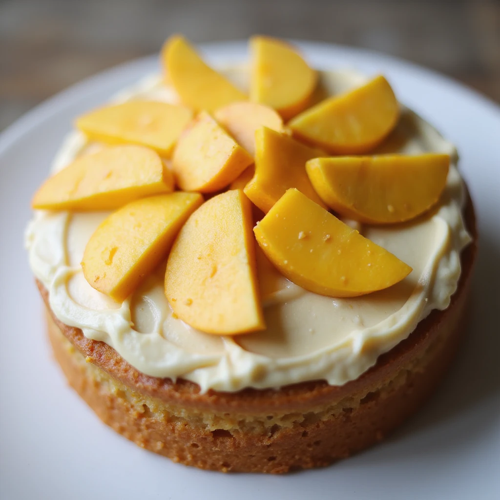 realistic round cake with mango frosting and fresh mango slices, photorealistic style emoji