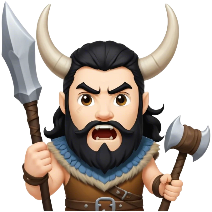 vikingo, con cuerno de vaca, pelo negro ondulado, de pie, grito de guerra en torre de Asgard. emoji