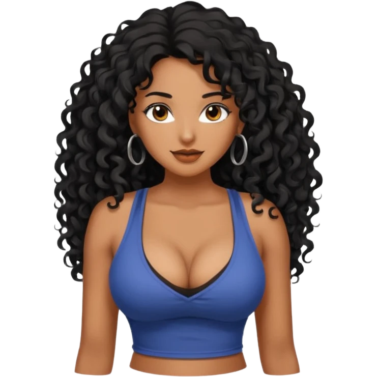 brown skinned lady with curly black hair long hair, messy, nice curves, busty, low cut tank top emoji