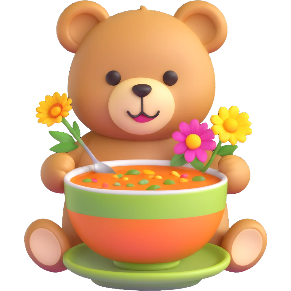 teddy bear with soup and flower emoji