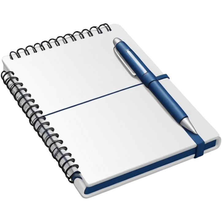 Minimal line-art icon of a notebook with a pen, clean modern style, simple outlines, slightly 3D, no background, transparent, suitable for video overlays, “documenting / journaling / tracking progress” theme. emoji