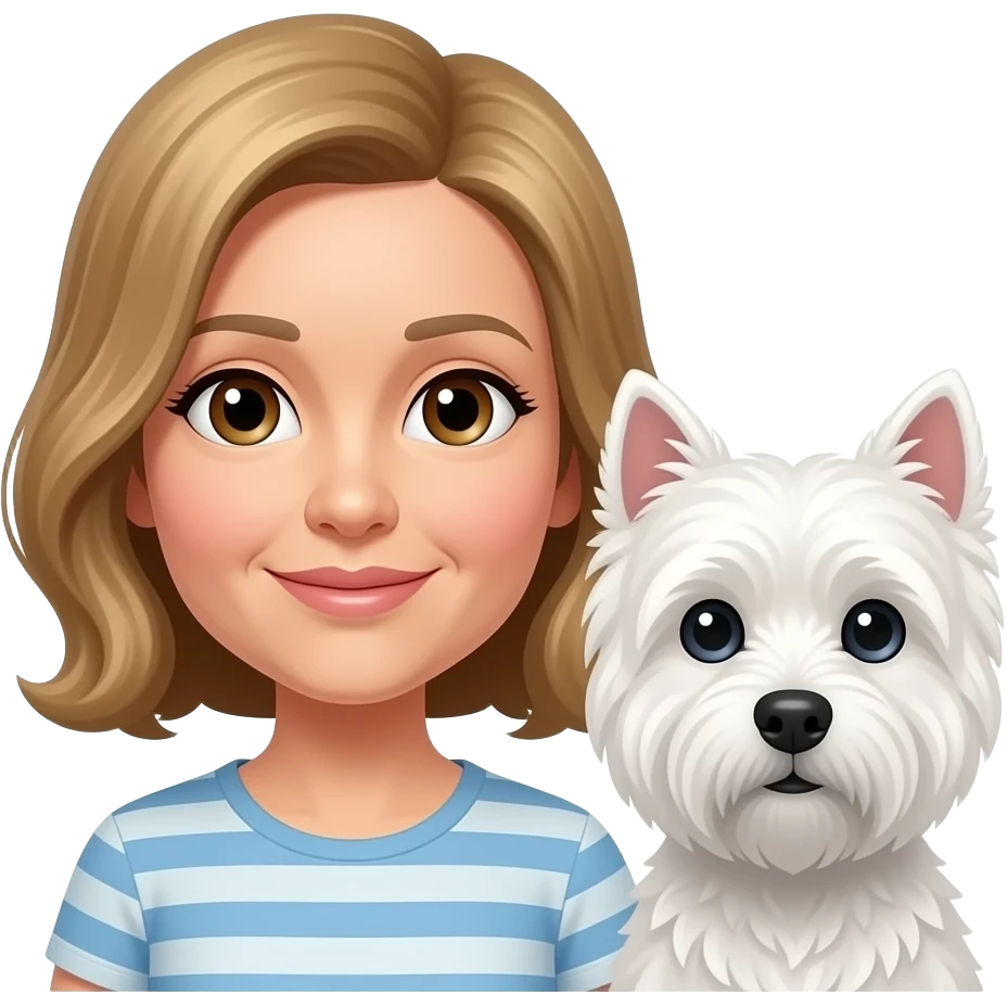Middle age woman brown eyes , shoulder length light brown hair, with a female westie and a male westie emoji