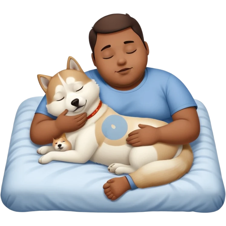 Obese brown man with white husky sleeping in bed  emoji