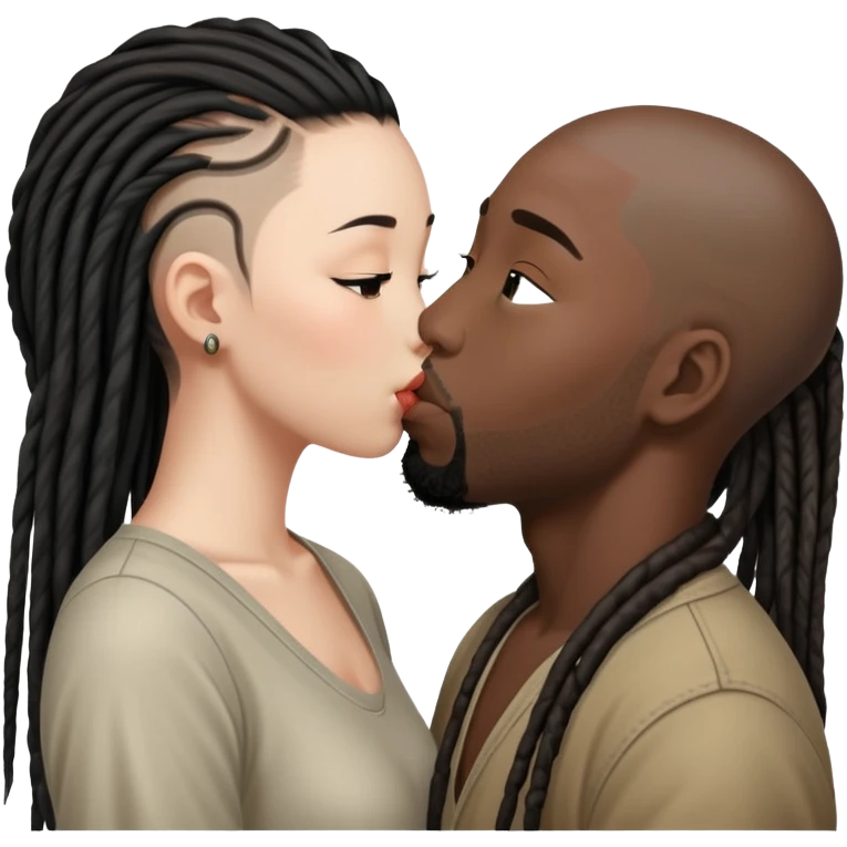 Half shaved head Asian girl kissing black guy with dreads emoji