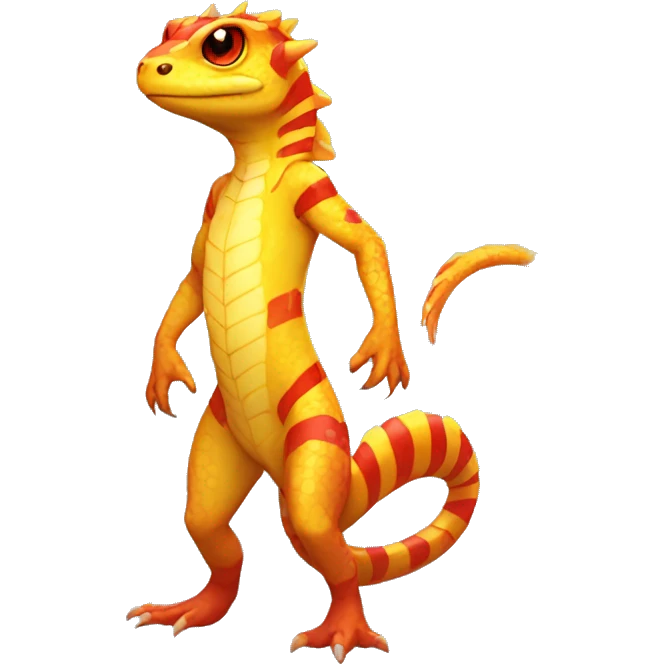 A Yellow Shiny Anthro-Scalie-Lizard-Reptile-Salamander-Fakémon with red stripes and orange frills Full Body emoji