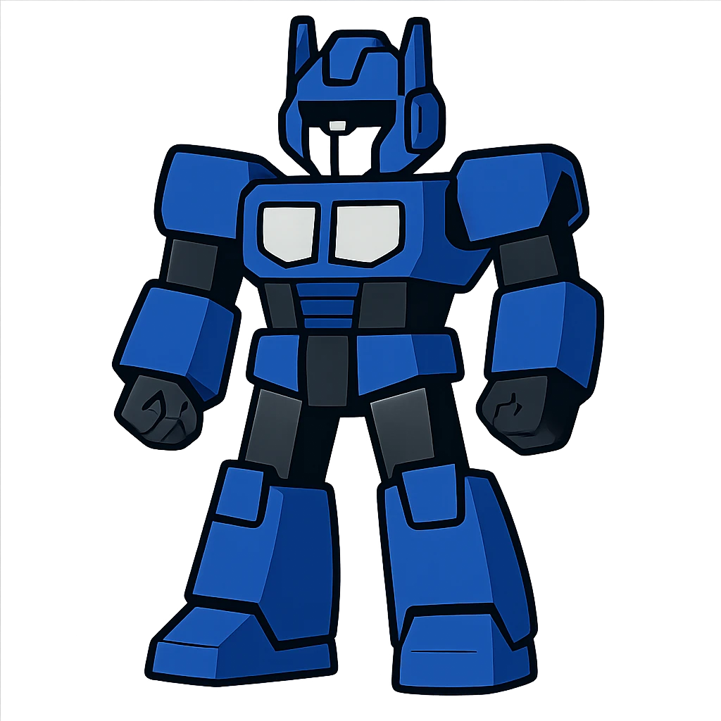 flat toon style simple transformer robot in royal blue, black, and silver, animated look emoji