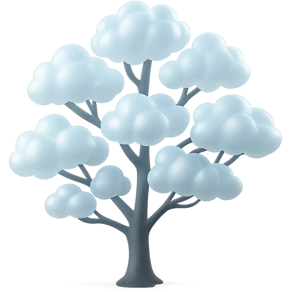 one tree with many branches, each branch covered with small, very bright white, saturated color, fluffy convex clouds, matte glass style, no background emoji