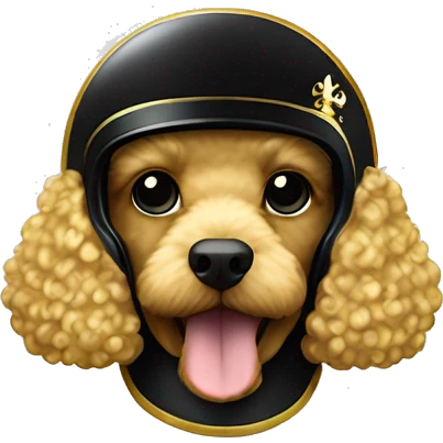 Gold poodle wearing a black football helmet with gold stripe and gold fleur de lis emblem emoji