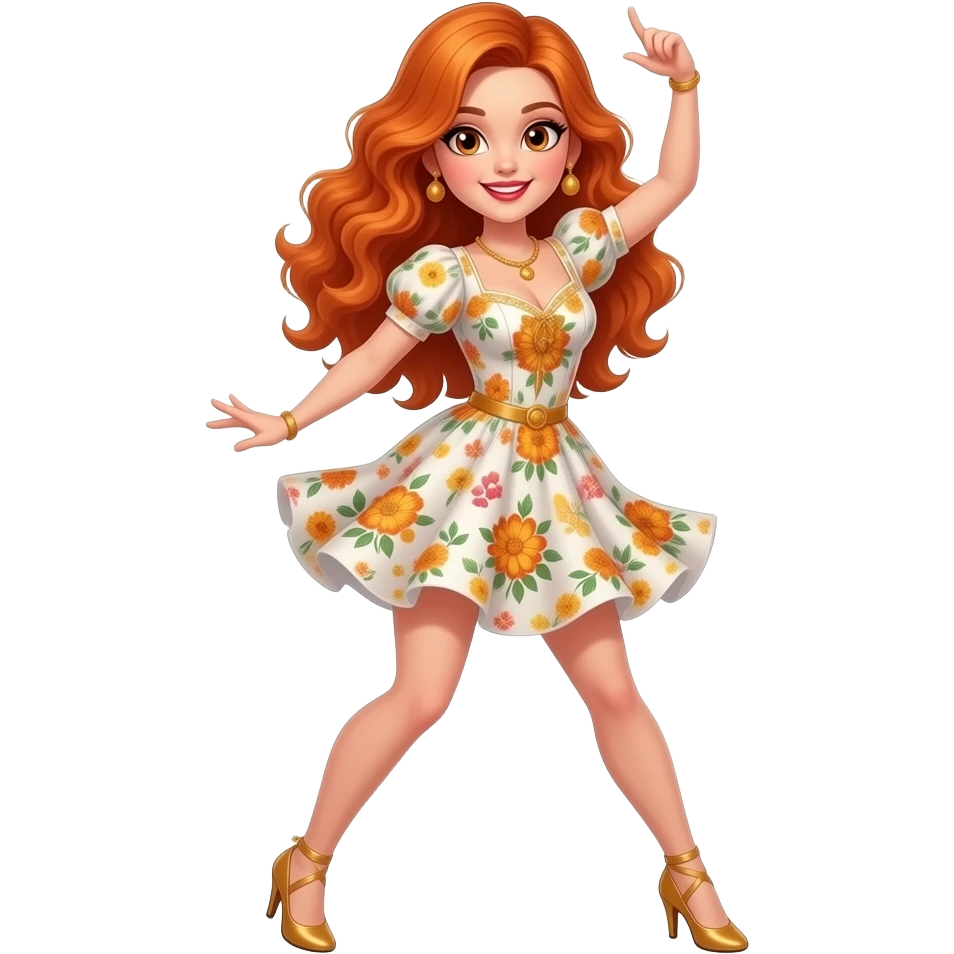sexy girl with long curvy ginger hair and ginger eyes wearing a dress is dancing line dance emoji