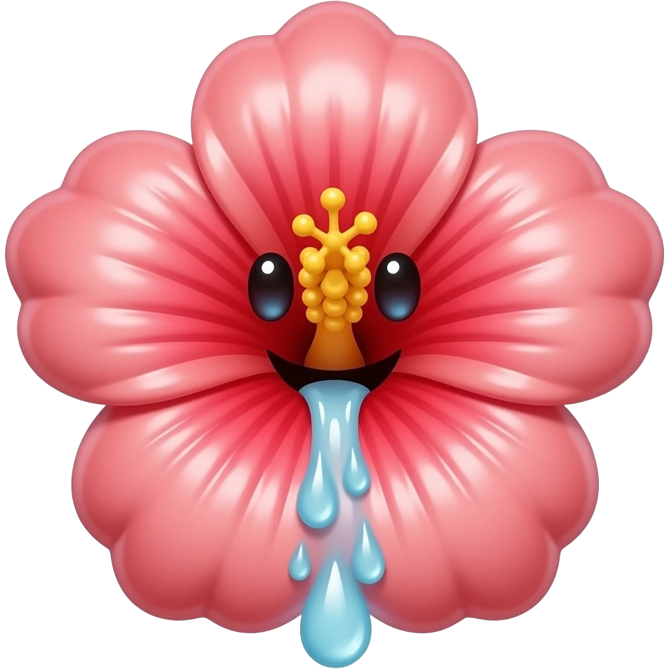 Hibiscus gonflé avec une bouche et des yeux et plusieurs goutes d'eau sortant de lui emoji