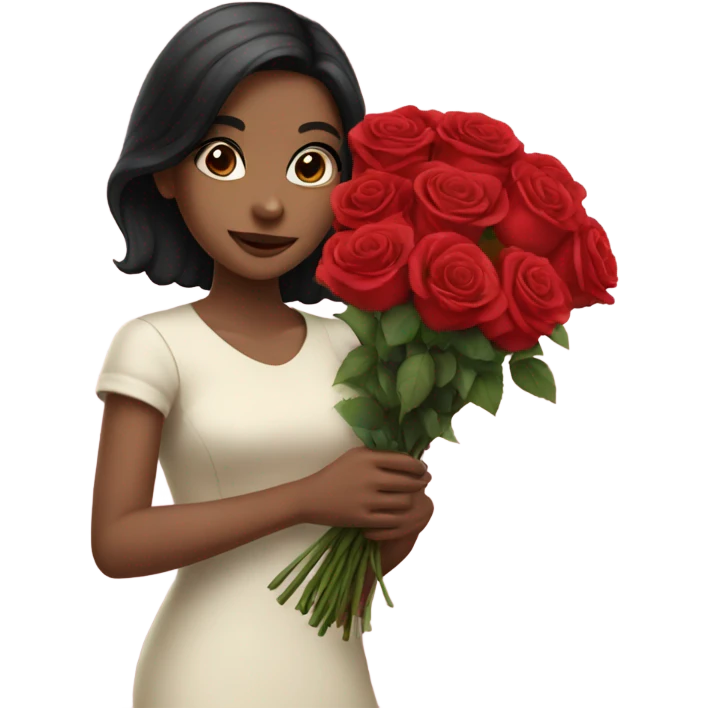 girl with black hair holding a bouquet of roses emoji