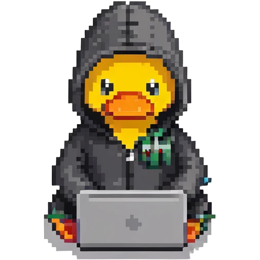 black rubber duck with tiny hoodie and a laptop, hacker emoji
